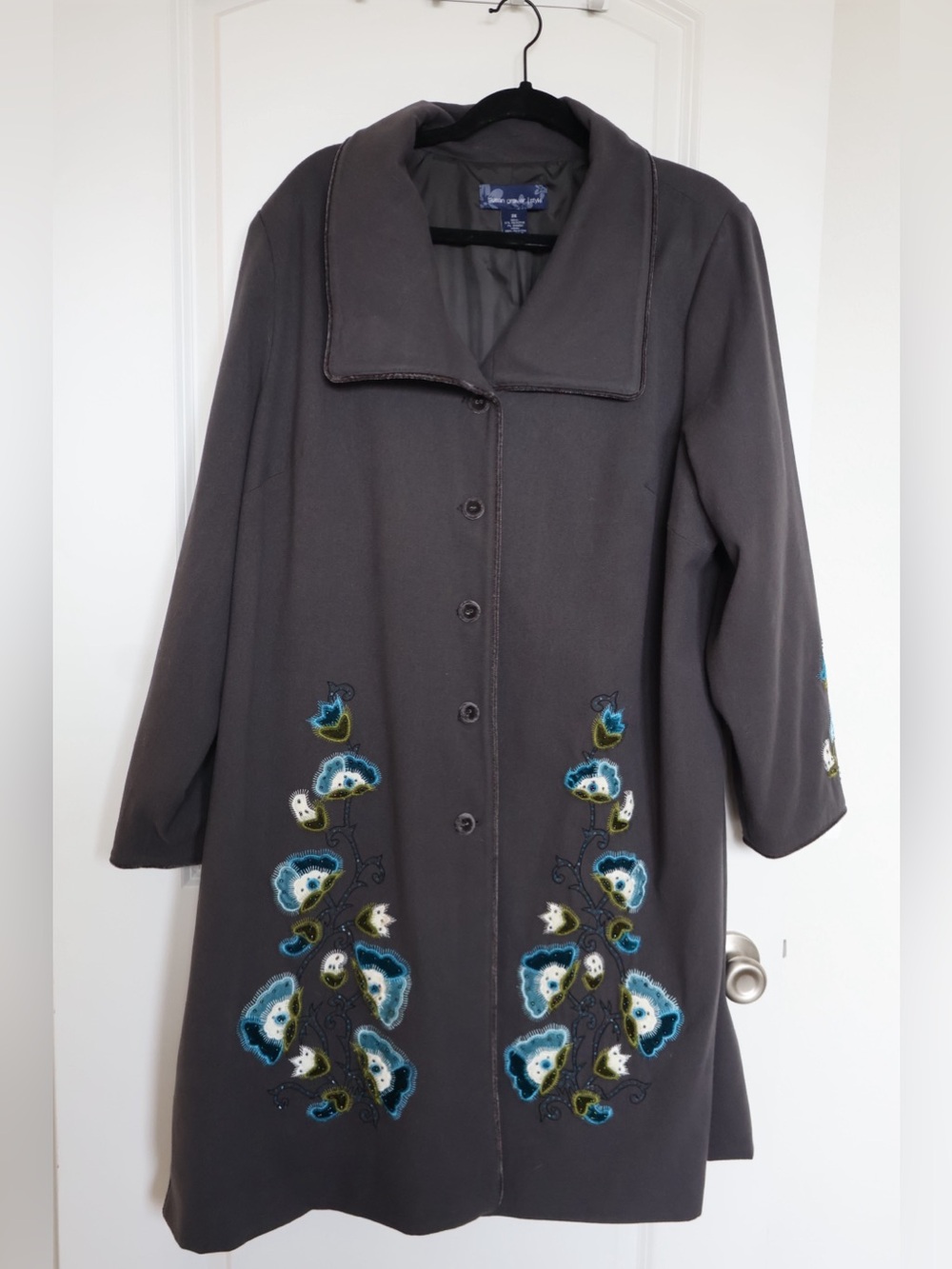 Embroidered Beaded Susan Graver Gray Coat with Blue Floral Trim
